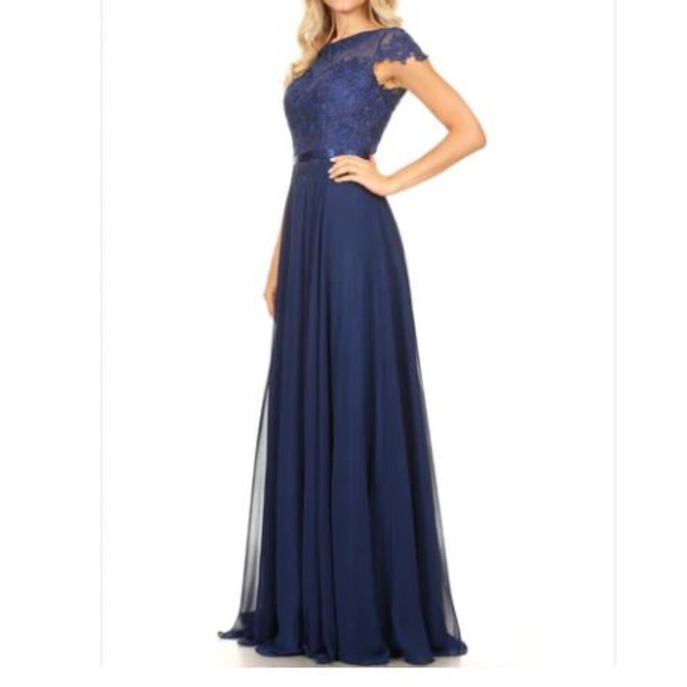 EVA 5130 2XL LONG FORMAL EVENING GOWN SEQUINS BELTED NAVY BLUE